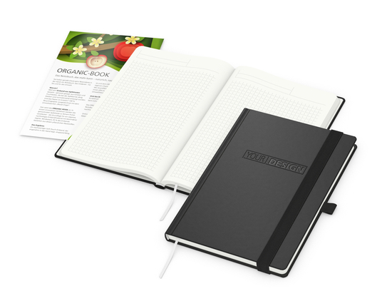 Notizbuch Organic-Book RECYCLING Apfelleder-Hardcover farbig A5, Lineatur Winkelkaro, Material-Infoblatt ja, Blindprägung inkl.