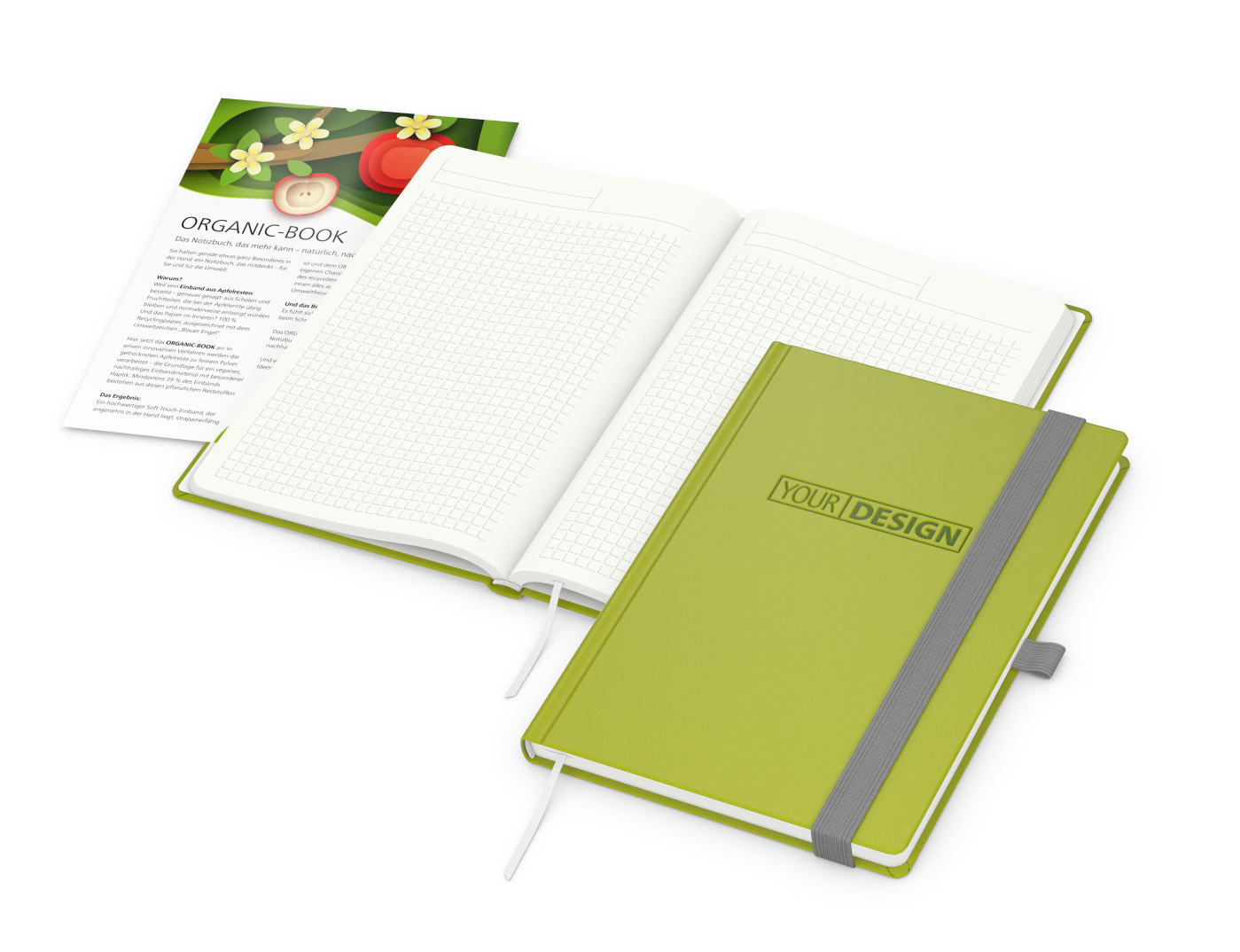 Notizbuch Organic-Book RECYCLING Apfelleder-Hardcover farbig A5, Lineatur Winkelkaro, Material-Infoblatt ja, Blindprägung inkl.