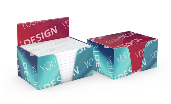Haftnotiz-Box Pop-Up-Box Haftnotizblöcke weiß Karton-Box individuell bedruckt, 100 × 72 mm, Blattanzahl 500, Haftzettel-Gestaltung individuell