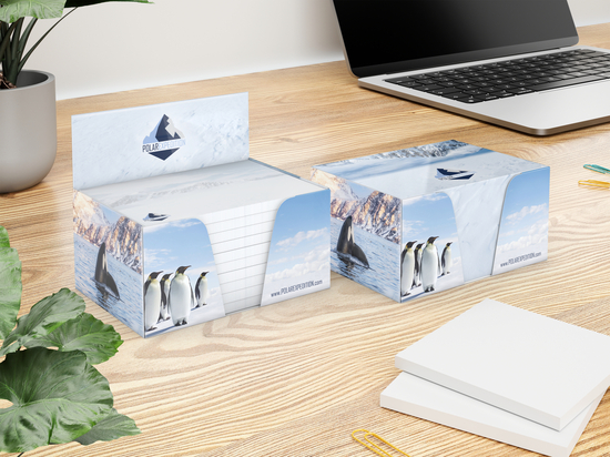 Haftnotiz-Box Pop-Up-Box Haftnotizblöcke weiß Karton-Box individuell bedruckt, 100 × 72 mm, Blattanzahl 500, Haftzettel-Gestaltung individuell