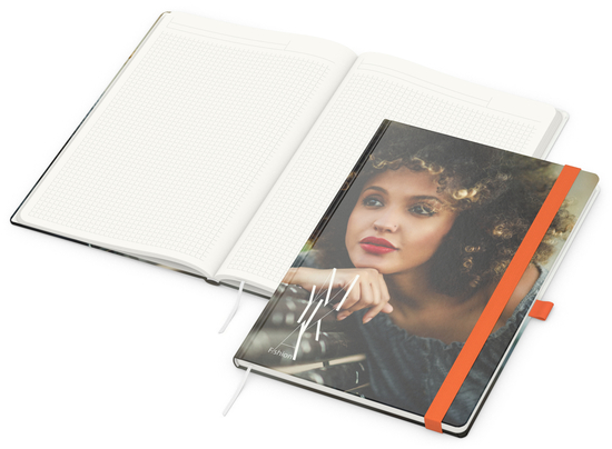 Notizbuch Match-Book RECYCLING Hardcover individuell bedruckt, DIN A4, Lineatur Winkelkaro, Einband-Material recyceltes Naturpapier