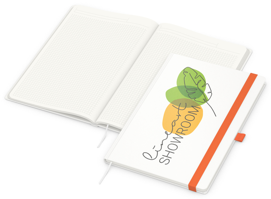 Notizbuch Match-Book RECYCLING Hardcover individuell bedruckt, DIN A4, Lineatur Winkelkaro, Einband-Material recyceltes Papier matt