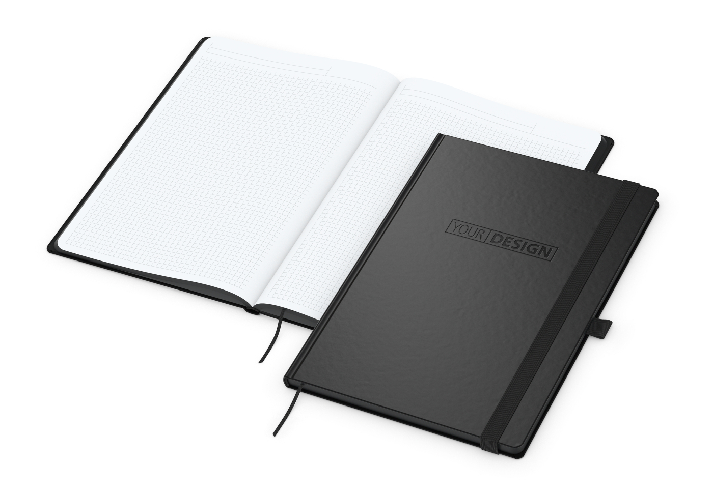 Notizbuch Hardcover Black-Book Ausstattung schwarz, DIN A4, Lineatur Winkelkaro, Blindprägung inkl.