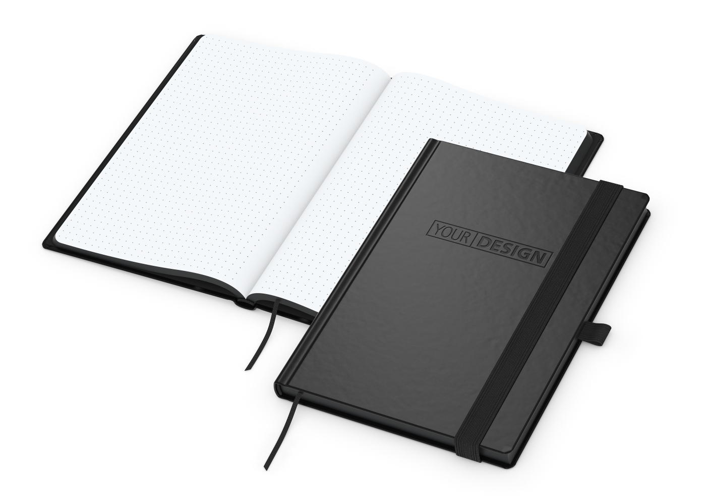Notizbuch Hardcover Black-Book Ausstattung schwarz, DIN A5, Lineatur Punktraster, Blindprägung inkl.