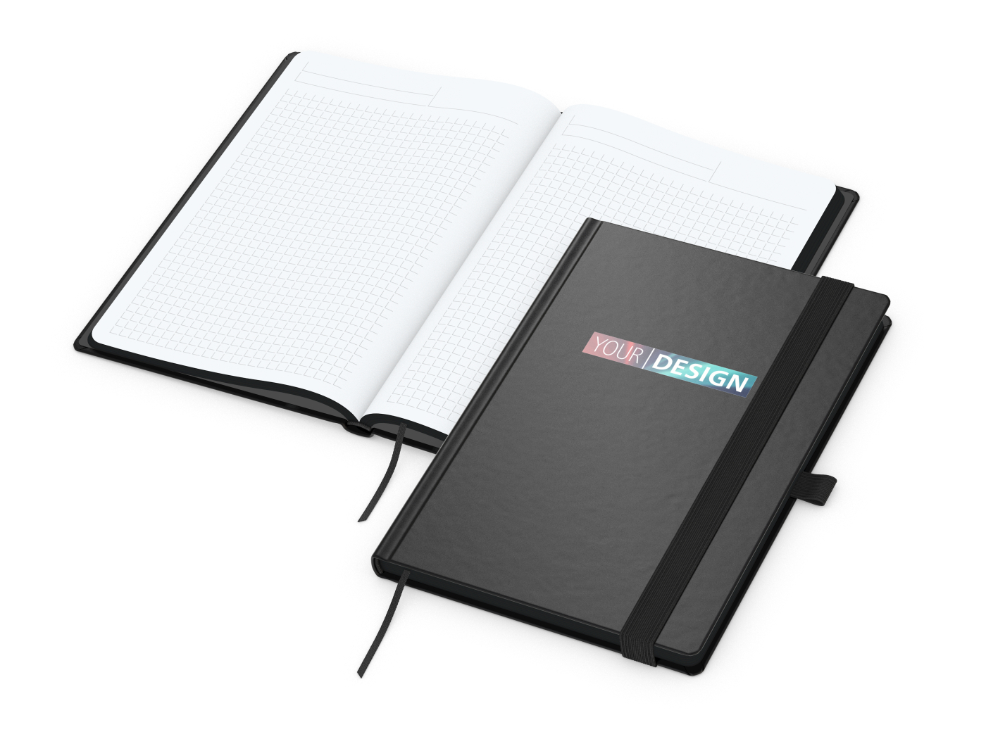 Notizbuch Hardcover Black-Book Ausstattung schwarz, DIN A5, Lineatur Winkelkaro, Siebdruck-Digital inkl.