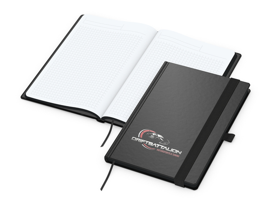 Notizbuch Hardcover Black-Book Ausstattung schwarz, DIN A5, Lineatur Winkelkaro, Siebdruck-Digital inkl.
