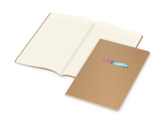Notizbuch Copy-Book Seiten cremefarben Naturkarton-Softcover farbig, DIN A4, Lineatur Winkelkaro, Siebdruck-Digital inkl.