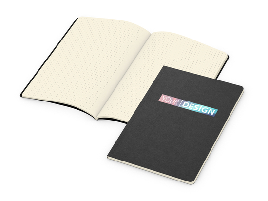 Notizbuch Copy-Book Seiten cremefarben Naturkarton-Softcover farbig, DIN A5, Lineatur Punktraster, Siebdruck-Digital inkl.