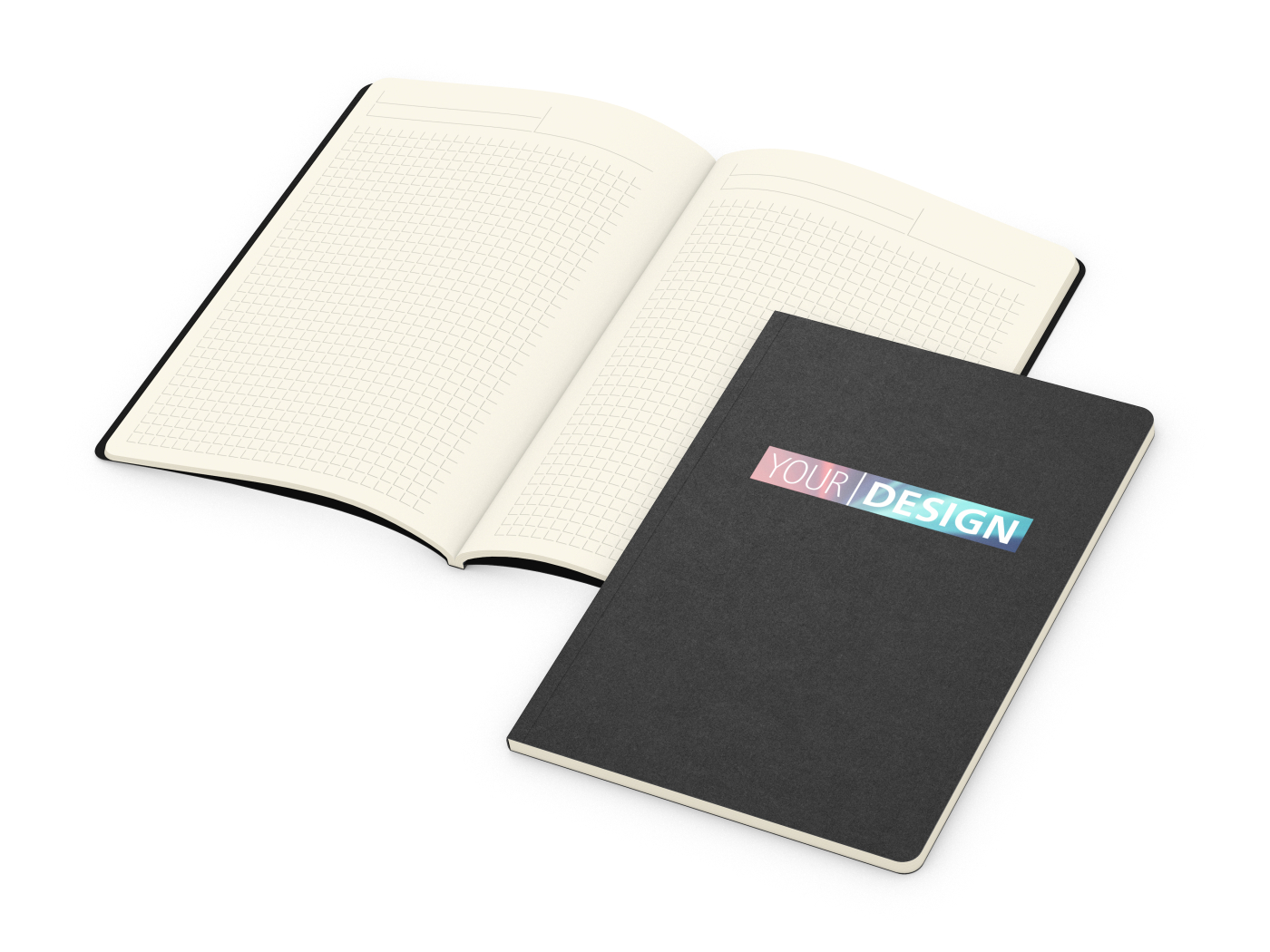 Notizbuch Copy-Book Seiten cremefarben Naturkarton-Softcover farbig, DIN A5, Lineatur Winkelkaro, Siebdruck-Digital inkl.