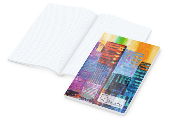 Notizbuch Flexx-Book Umfang groß Karton-Softcover individuell bedruckt, DIN A4, Lineatur Punktraster, Einband-Material Karton glänzend