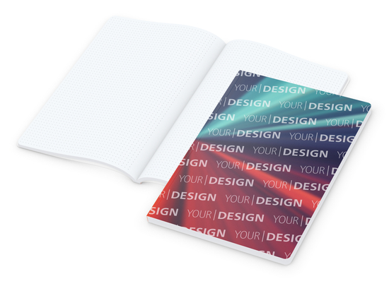 Notizbuch Flexx-Book Umfang groß Karton-Softcover individuell bedruckt, DIN A4, Lineatur Punktraster, Einband-Material Karton glänzend