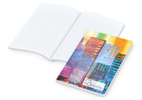 Notizbuch Flexx-Book Umfang groß Karton-Softcover individuell bedruckt, DIN A5, Lineatur Winkelkaro, Einband-Material Naturkarton