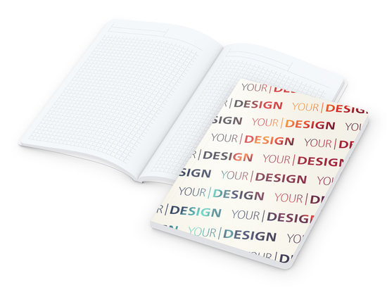Notizbuch Flexx-Book Umfang groß Karton-Softcover individuell bedruckt, DIN A5, Lineatur Winkelkaro, Einband-Material Naturkarton
