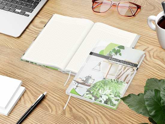 Notizbuch Note-Book RECYCLING Ecken spitz Papier-Hardcover individuell bedruckt, DIN A5, Lineatur Winkelkaro, Einband-Material recyceltes Papier matt