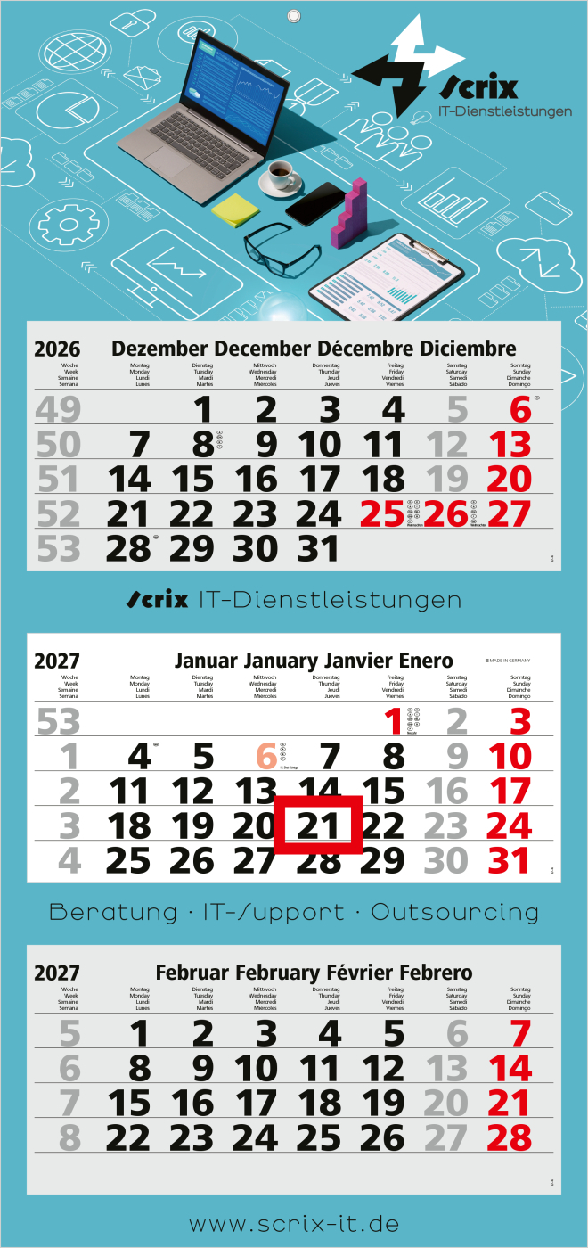 3-Monatskalender Mehrblock Maxi Light 3 mehrsprachig, Länderausgabe Deutschland (D/GB/F/E)