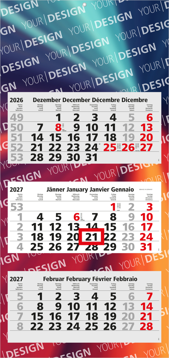 3-Monatskalender Mehrblock Maxi Light 3 mehrsprachig, Länderausgabe Österreich (D/GB/F/I)