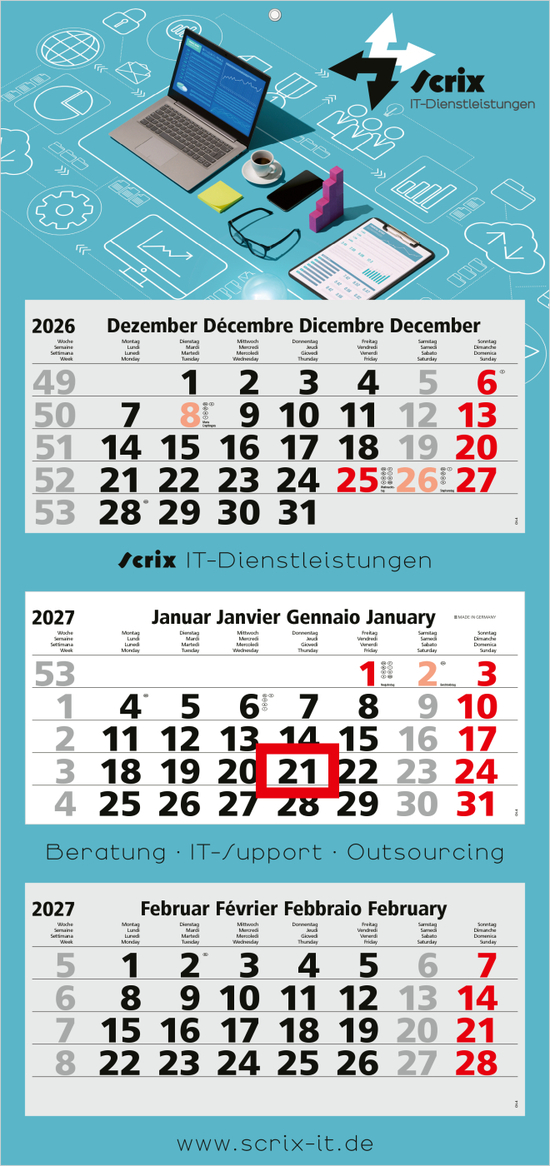 3-Monatskalender Mehrblock Maxi Light 3 mehrsprachig, Länderausgabe Schweiz (D/F/I/GB)