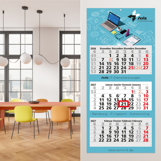 3-Monatskalender Mehrblock Maxi Light 3 mehrsprachig, Länderausgabe Schweiz (D/F/I/GB)