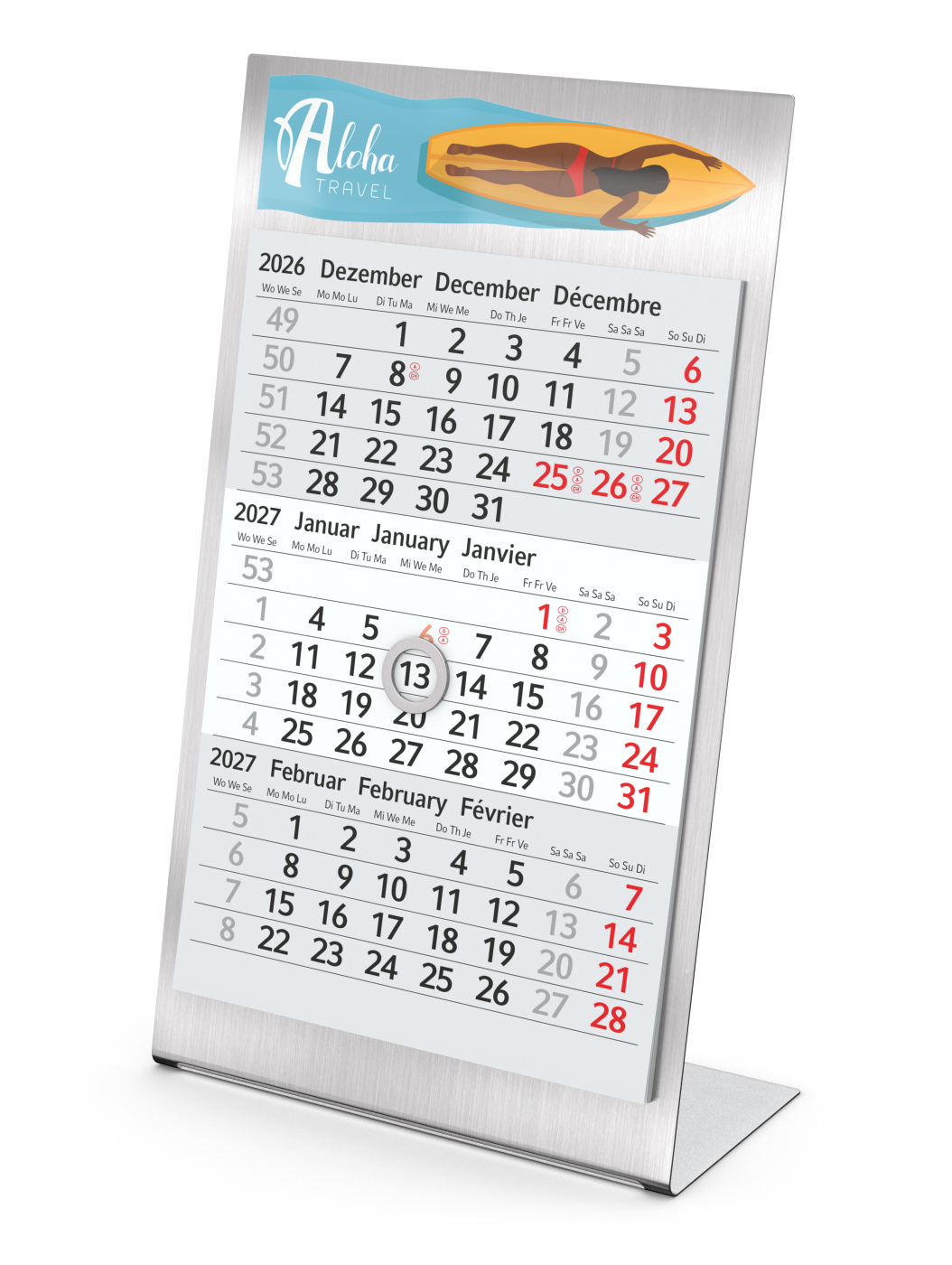 Tischkalender Desktop 3 Steel Edelstahl-Aufsteller gebürstet, Kalendariumslaufzeit 2 Jahre