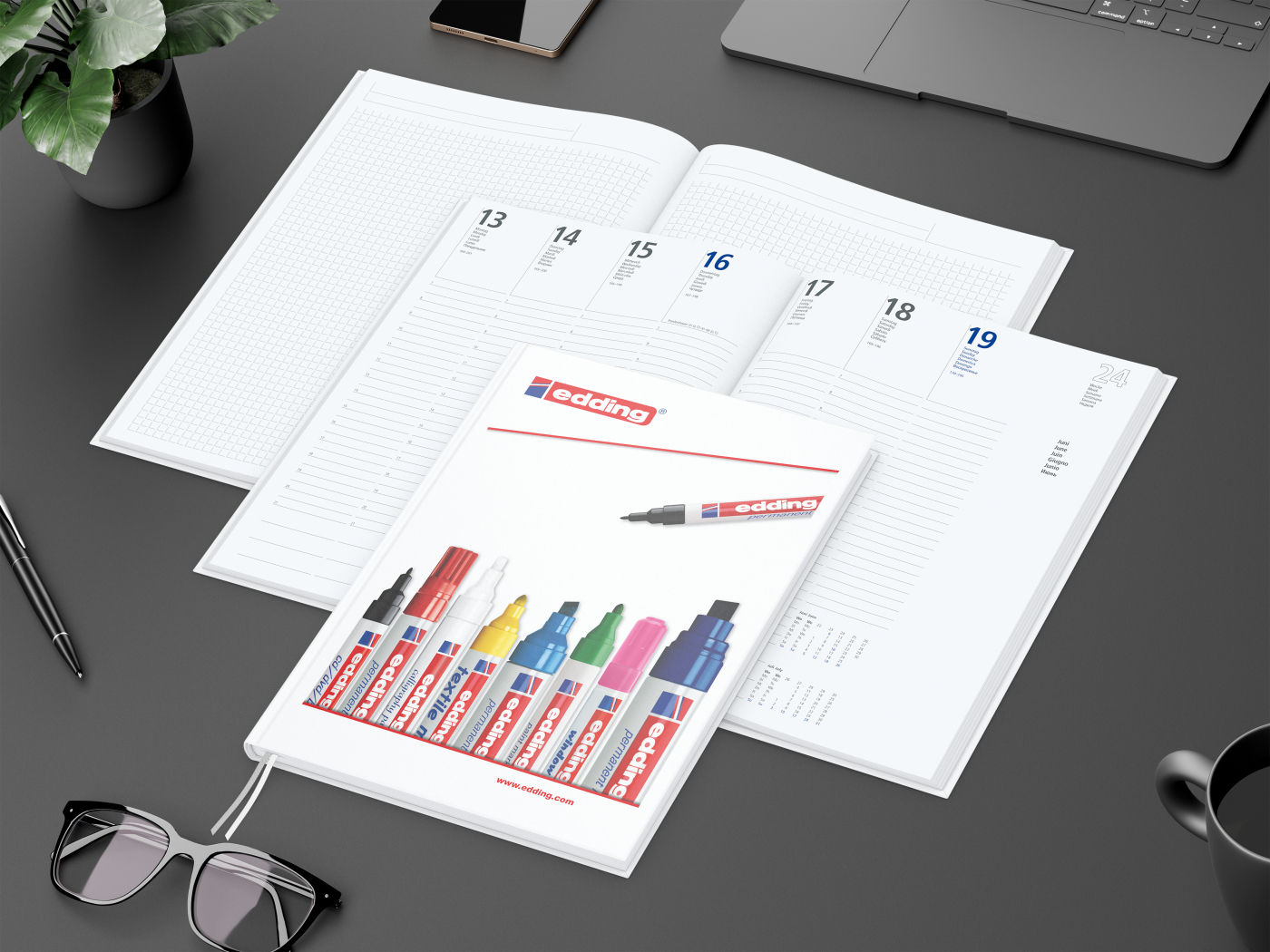 Wochenkalender vorne + Notizen hinten Note-Hybrid Ecken spitz Papier-Hardcover, DIN A4, Einband-Oberfläche glänzend