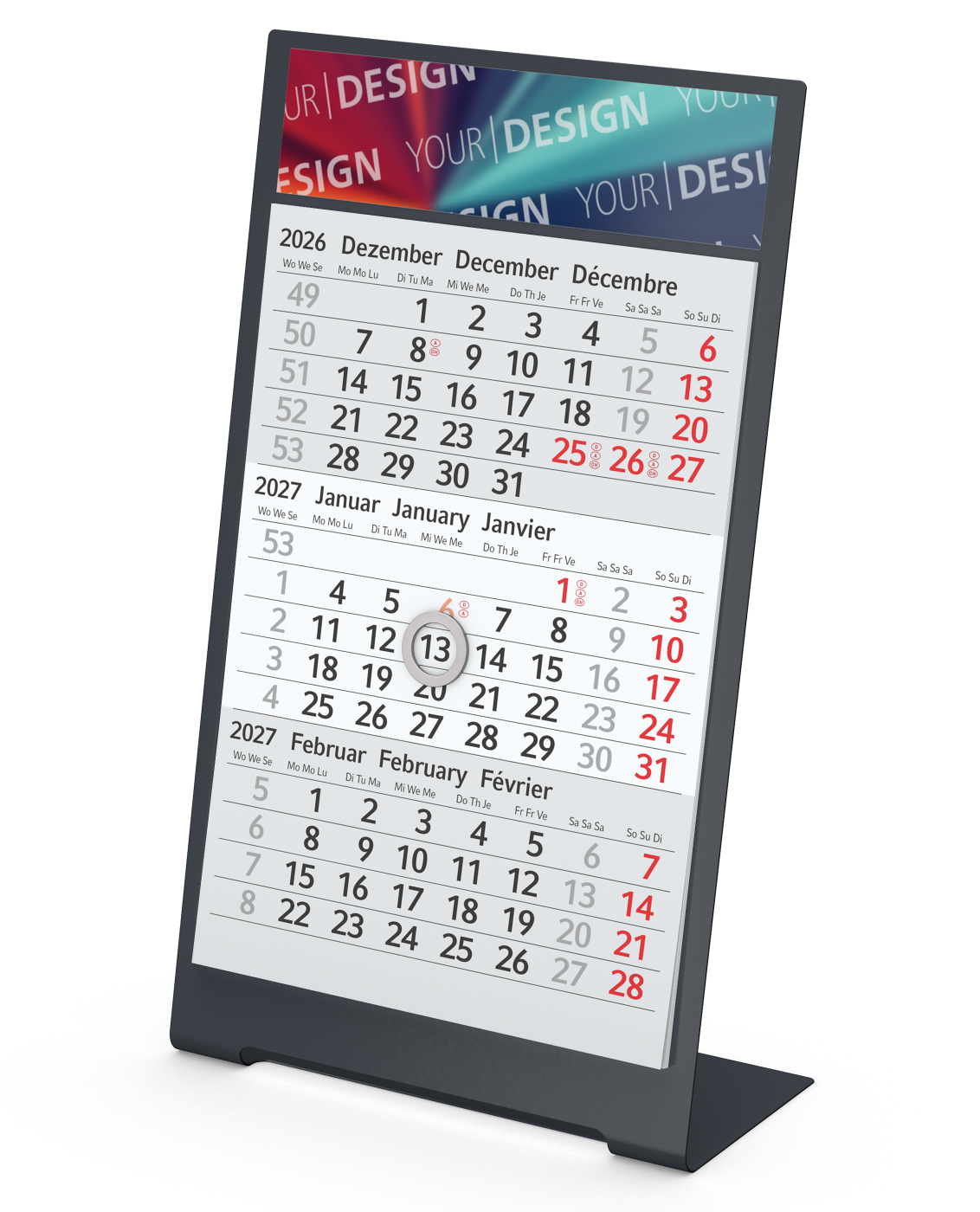 Tischkalender Desktop 3 Color Metallaufsteller farbbeschichtet, Kalendariumslaufzeit 2 Jahre