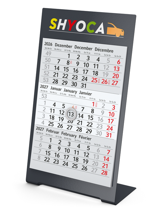 Tischkalender Desktop 3 Color Metallaufsteller farbbeschichtet, Kalendariumslaufzeit 2 Jahre