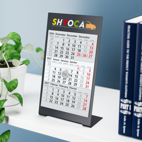 Tischkalender Desktop 3 Color Metallaufsteller farbbeschichtet, Kalendariumslaufzeit 2 Jahre