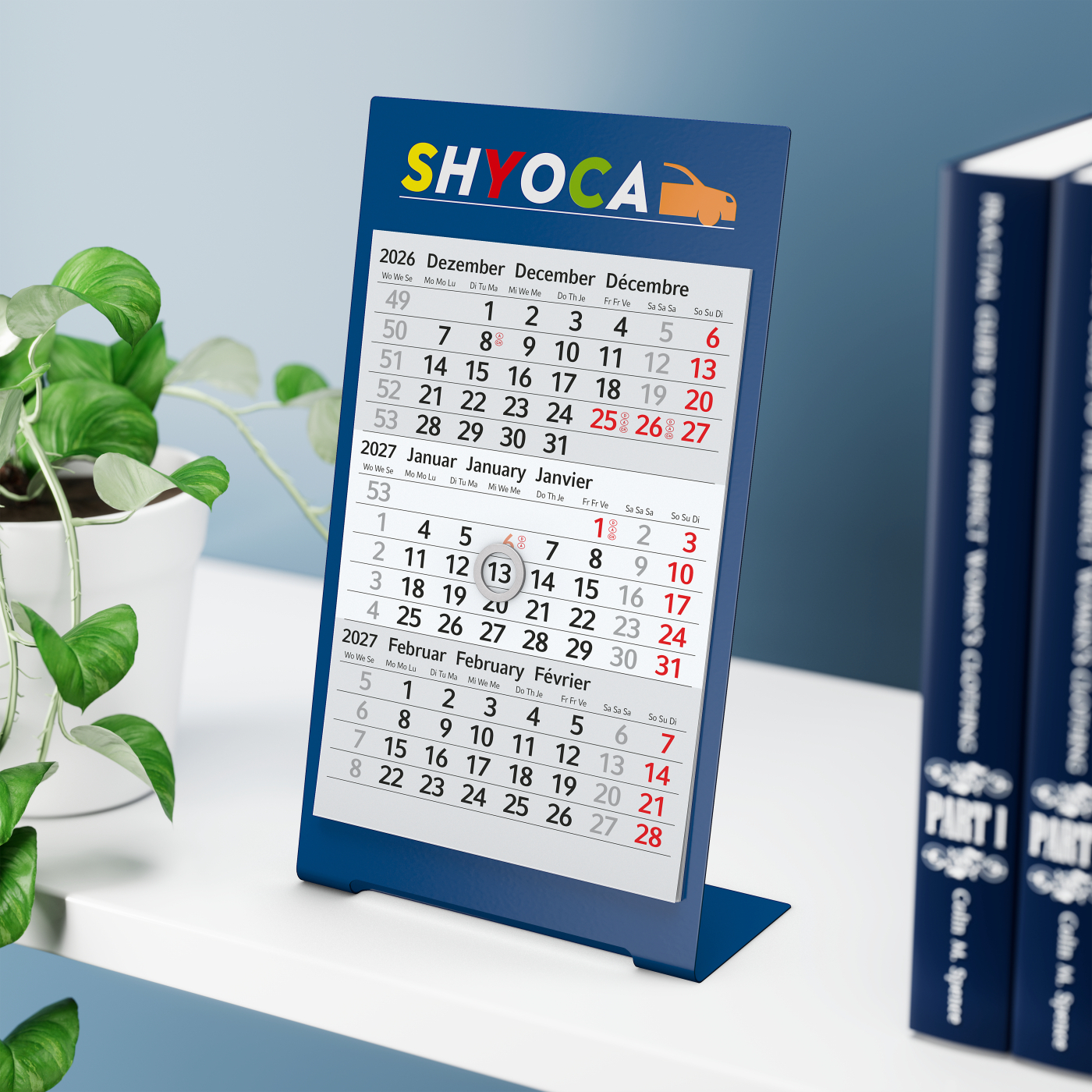 Tischkalender Desktop 3 Color Metallaufsteller farbbeschichtet, Kalendariumslaufzeit 2 Jahre