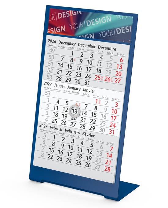 Tischkalender Desktop 3 Color Metallaufsteller farbbeschichtet, Kalendariumslaufzeit 2 Jahre