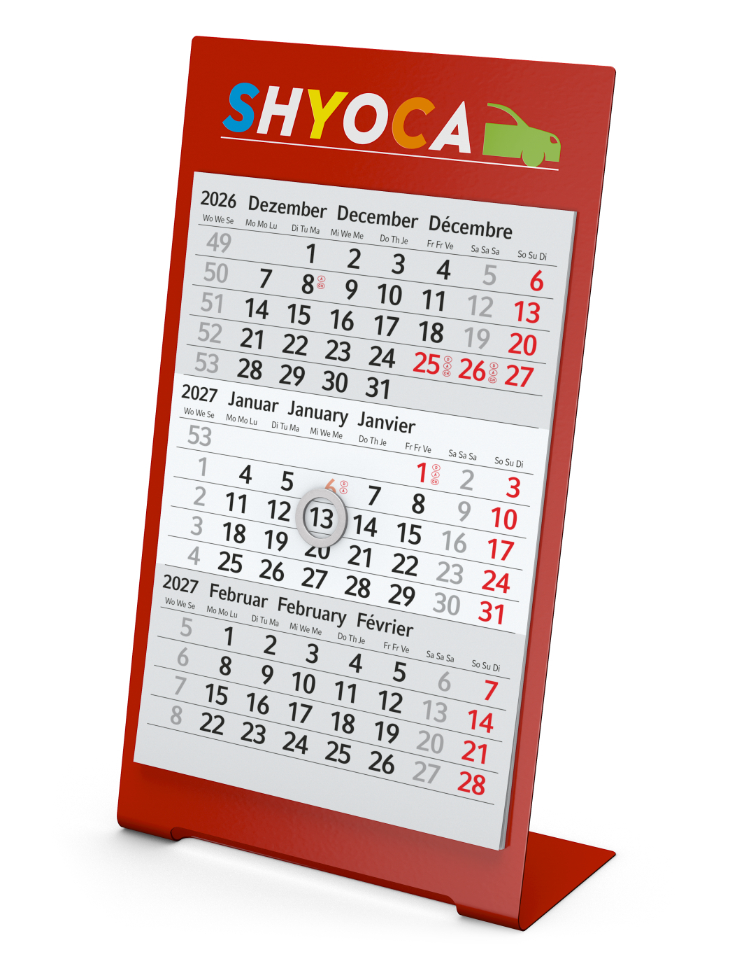 Tischkalender Desktop 3 Color Metallaufsteller farbbeschichtet, Kalendariumslaufzeit 2 Jahre