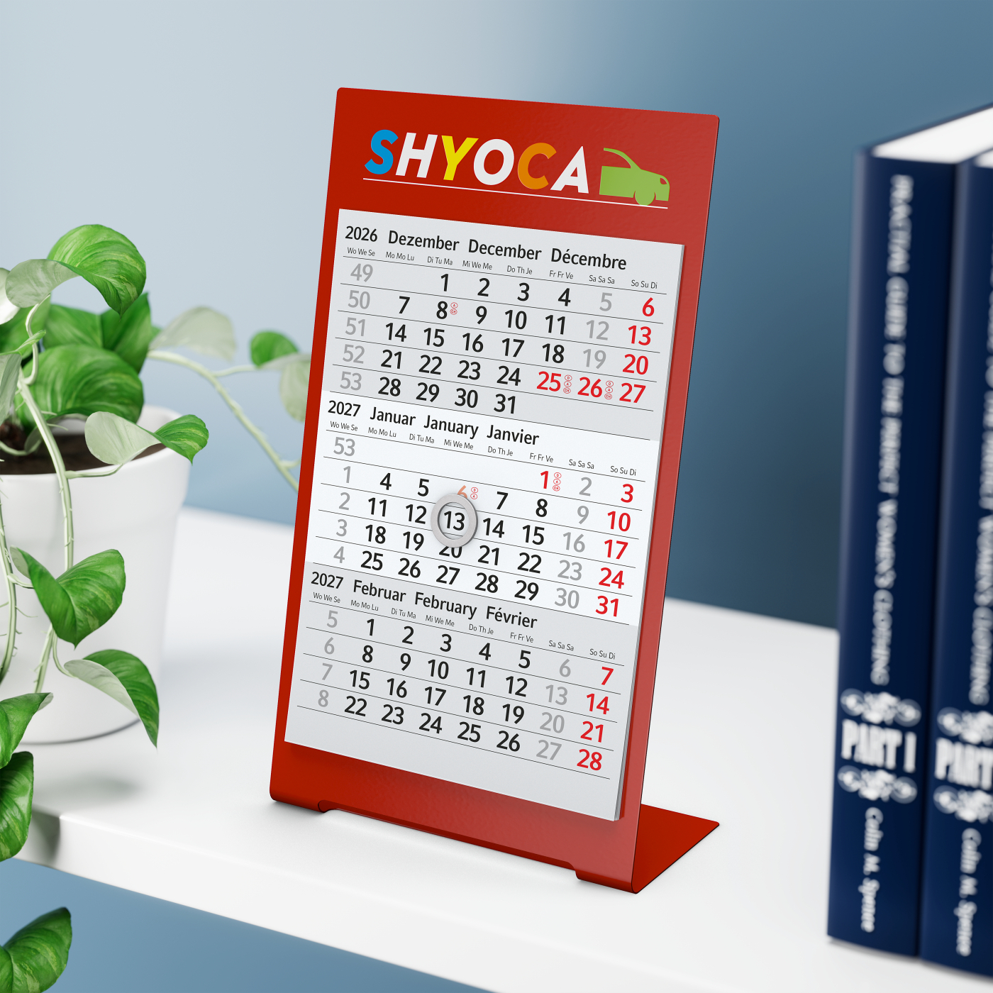 Tischkalender Desktop 3 Color Metallaufsteller farbbeschichtet, Kalendariumslaufzeit 2 Jahre
