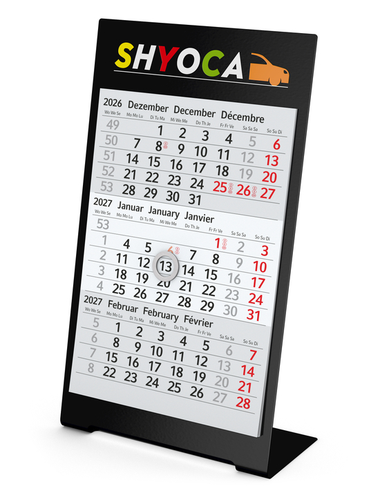 Tischkalender Desktop 3 Color Metallaufsteller farbbeschichtet, Kalendariumslaufzeit 2 Jahre