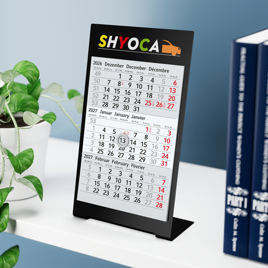 Tischkalender Desktop 3 Color Metallaufsteller farbbeschichtet, Kalendariumslaufzeit 2 Jahre