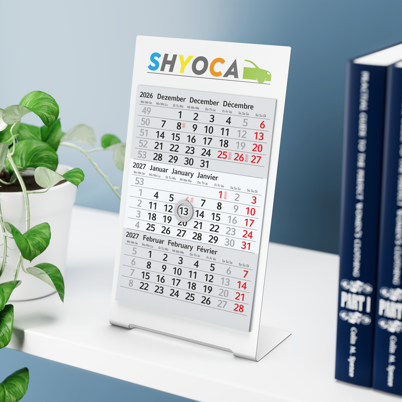 Tischkalender Desktop 3 Color Metallaufsteller farbbeschichtet, Kalendariumslaufzeit 2 Jahre