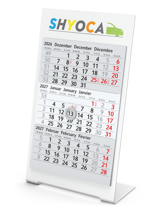 Tischkalender Desktop 3 Color Metallaufsteller farbbeschichtet, Kalendariumslaufzeit 2 Jahre
