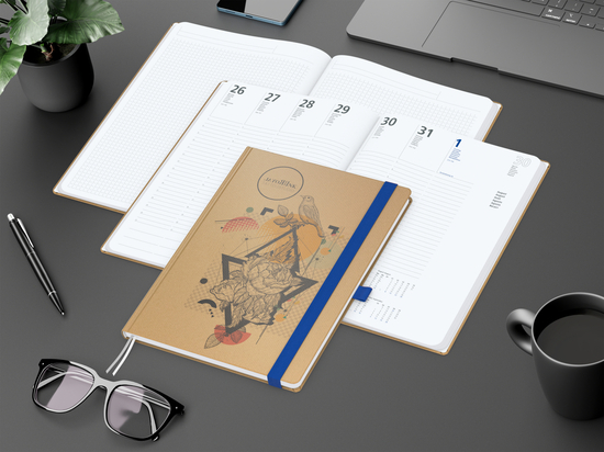 Wochenkalender vorne + Notizen hinten Match-Hybrid Papier-Hardcover, DIN A4, Einband-Material Naturpapier braun