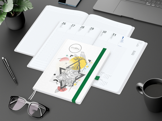 Wochenkalender vorne + Notizen hinten Match-Hybrid Papier-Hardcover, DIN A4, Einband-Material Naturpapier weiß