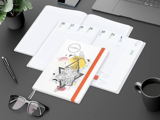 Wochenkalender vorne + Notizen hinten Match-Hybrid Papier-Hardcover, DIN A4, Einband-Material Naturpapier weiß