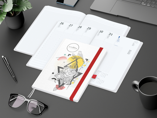 Wochenkalender vorne + Notizen hinten Match-Hybrid Papier-Hardcover, DIN A4, Einband-Material Naturpapier weiß