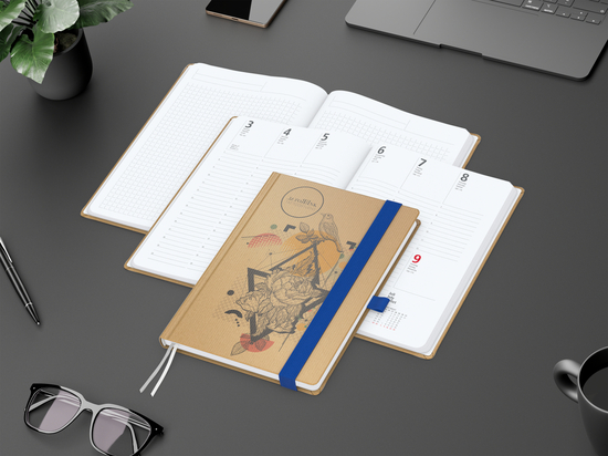 Wochenkalender vorne + Notizen hinten Match-Hybrid Papier-Hardcover, DIN A5, Einband-Material Naturpapier braun