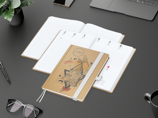 Wochenkalender vorne + Notizen hinten Match-Hybrid Papier-Hardcover, DIN A5, Einband-Material Naturpapier braun
