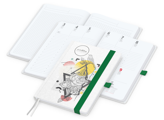 Wochenkalender vorne + Notizen hinten Match-Hybrid Papier-Hardcover, DIN A5, Einband-Material Naturpapier weiß
