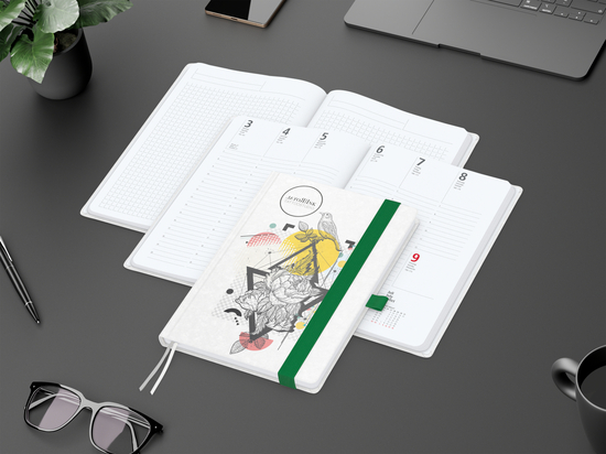 Wochenkalender vorne + Notizen hinten Match-Hybrid Papier-Hardcover, DIN A5, Einband-Material Naturpapier weiß