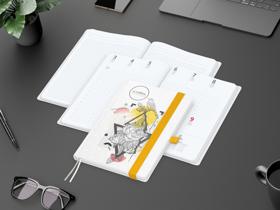 Wochenkalender vorne + Notizen hinten Match-Hybrid Papier-Hardcover, DIN A5, Einband-Material Naturpapier weiß