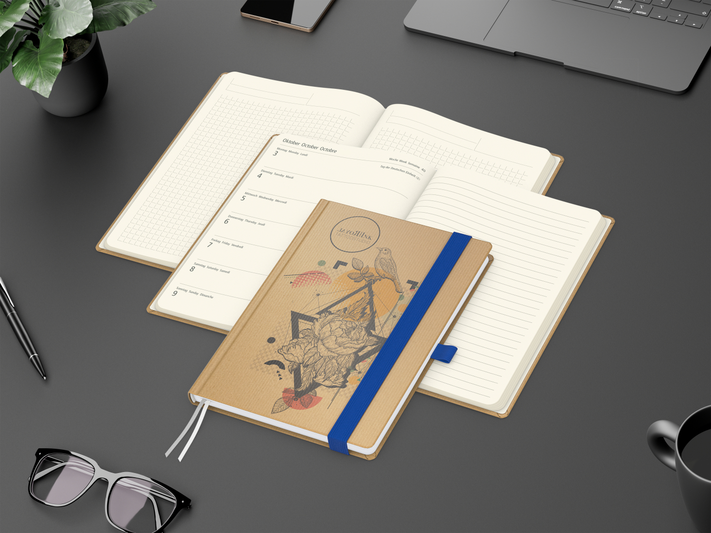 Wochenkalender links + Notizen rechts Match-Hybrid Papier-Hardcover A5, Einband-Material Naturpapier braun