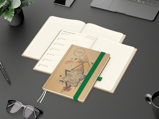 Wochenkalender links + Notizen rechts Match-Hybrid Papier-Hardcover A5, Einband-Material Naturpapier braun