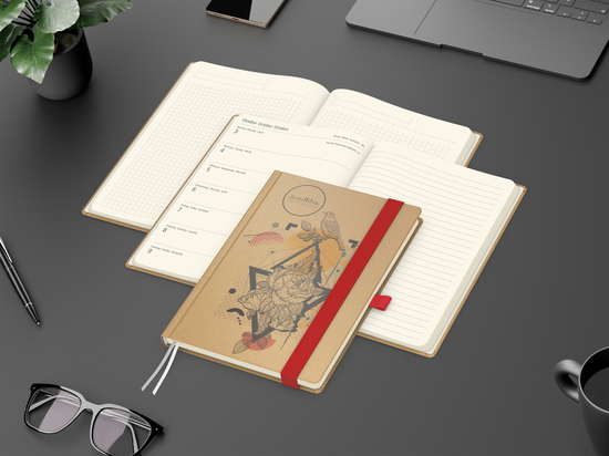 Wochenkalender links + Notizen rechts Match-Hybrid Papier-Hardcover A5, Einband-Material Naturpapier braun