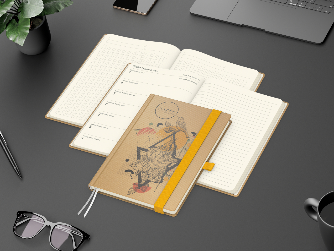 Wochenkalender links + Notizen rechts Match-Hybrid Papier-Hardcover A5, Einband-Material Naturpapier braun