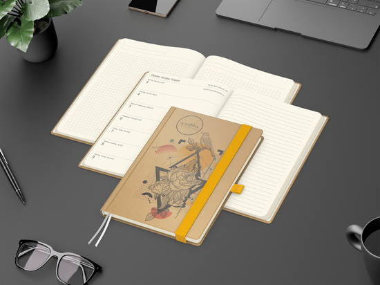 Wochenkalender links + Notizen rechts Match-Hybrid Papier-Hardcover A5, Einband-Material Naturpapier braun