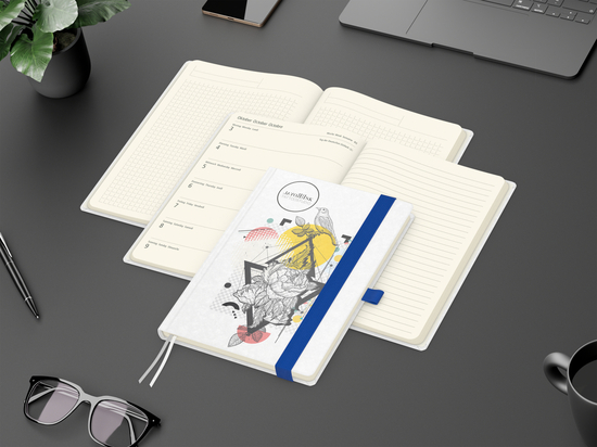 Wochenkalender links + Notizen rechts Match-Hybrid Papier-Hardcover A5, Einband-Material Naturpapier weiß